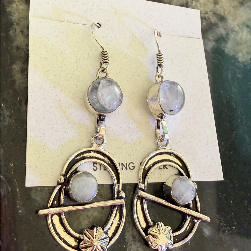 NWT Sterling Silver Moonstone Earrings 2” 925 June Birthstone